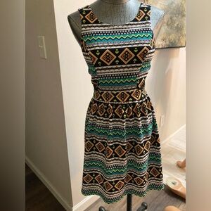 Monteau Sleeveless Aztec Midi Dress Black Teal & Yellow print fit flare stretch